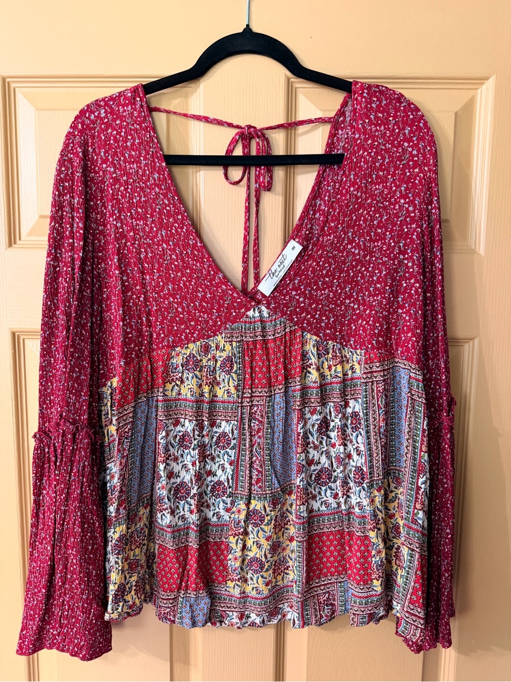 Three Bird Nest Red Patchwork V-Neck Boho Blouse
